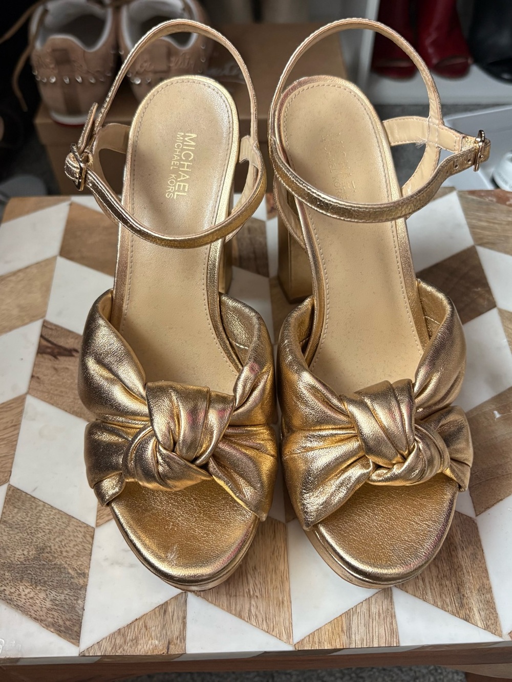 MICHAEL Michael Kors Gold Knot Front Block Heel Sandals